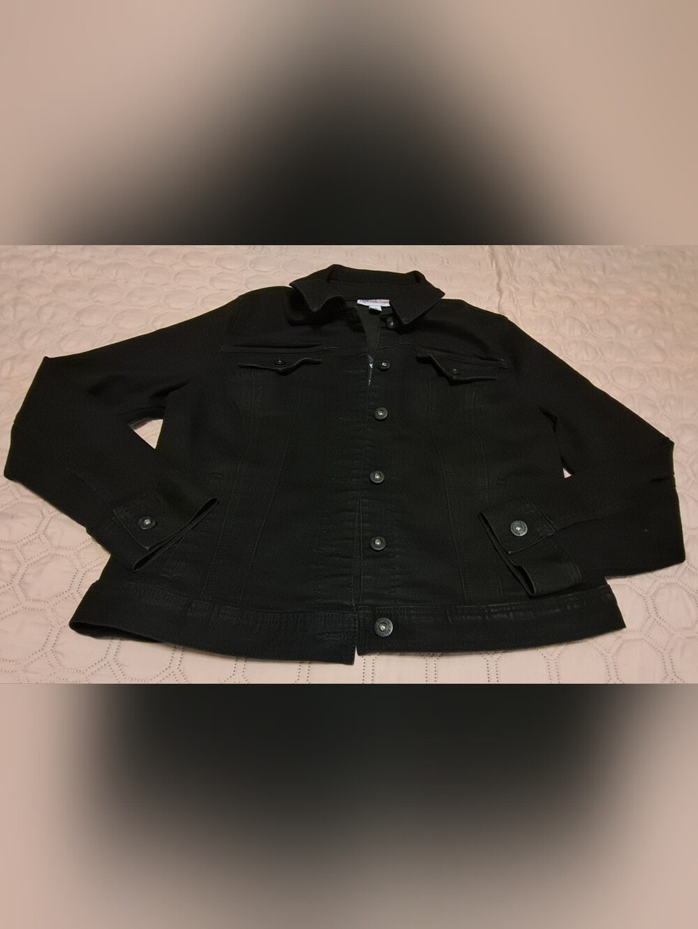 Black Women's Button-Up Jean Jacket With Bowling Pins On The Back Sz L